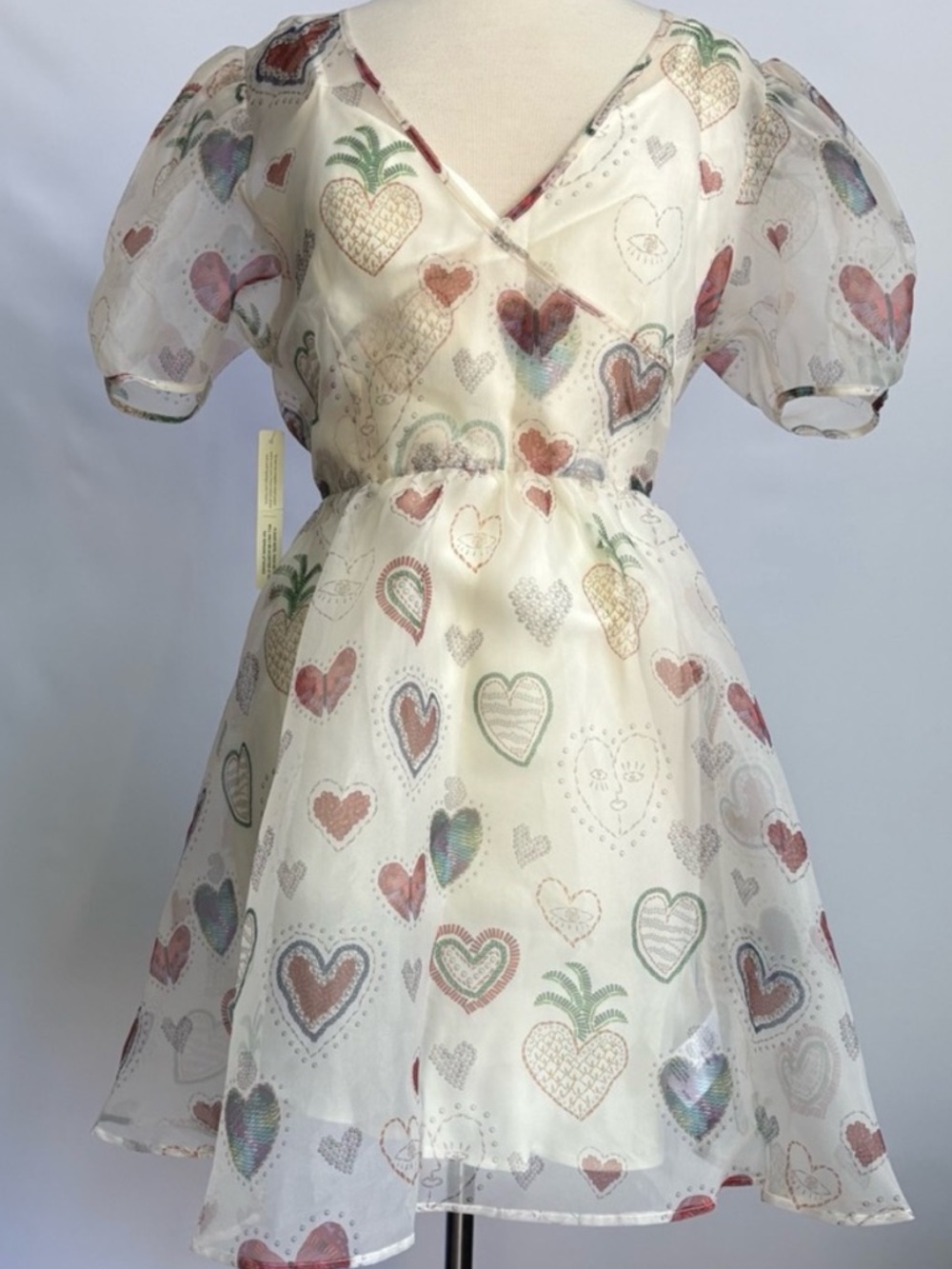 NWT Farm Rio Organza Puff-Sleeve Hearts Eye print Dress, size L - Picture 5 of 15